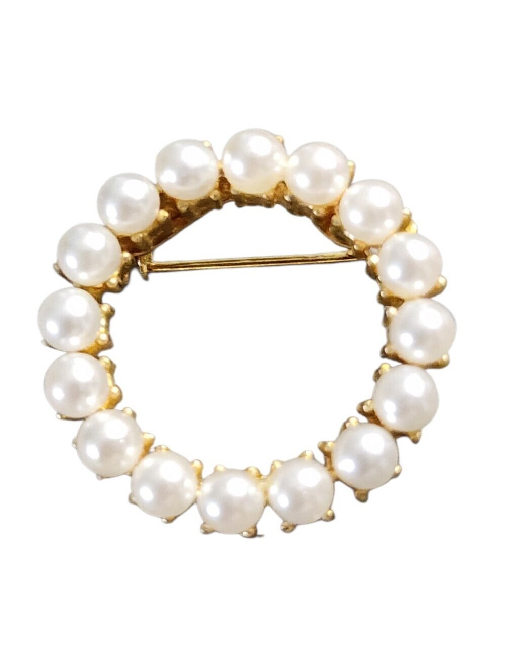 Goldtone Circle Brooch Faux Pearl Classic
